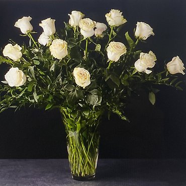 Two Dozen White Long-Stemmed Roses in a Vase