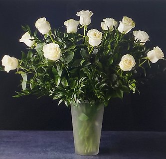 Dozen Long Stem White Roses in a Vase